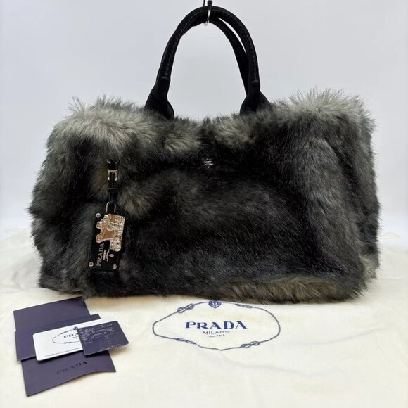 Authentic PRADA Canapa GM Tote Bag BN1918 Gray Faux Fur #36635979 - Picture 1 of 16